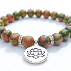 Unakite Crystal Beaded Silver Lotus Charm Bracelet