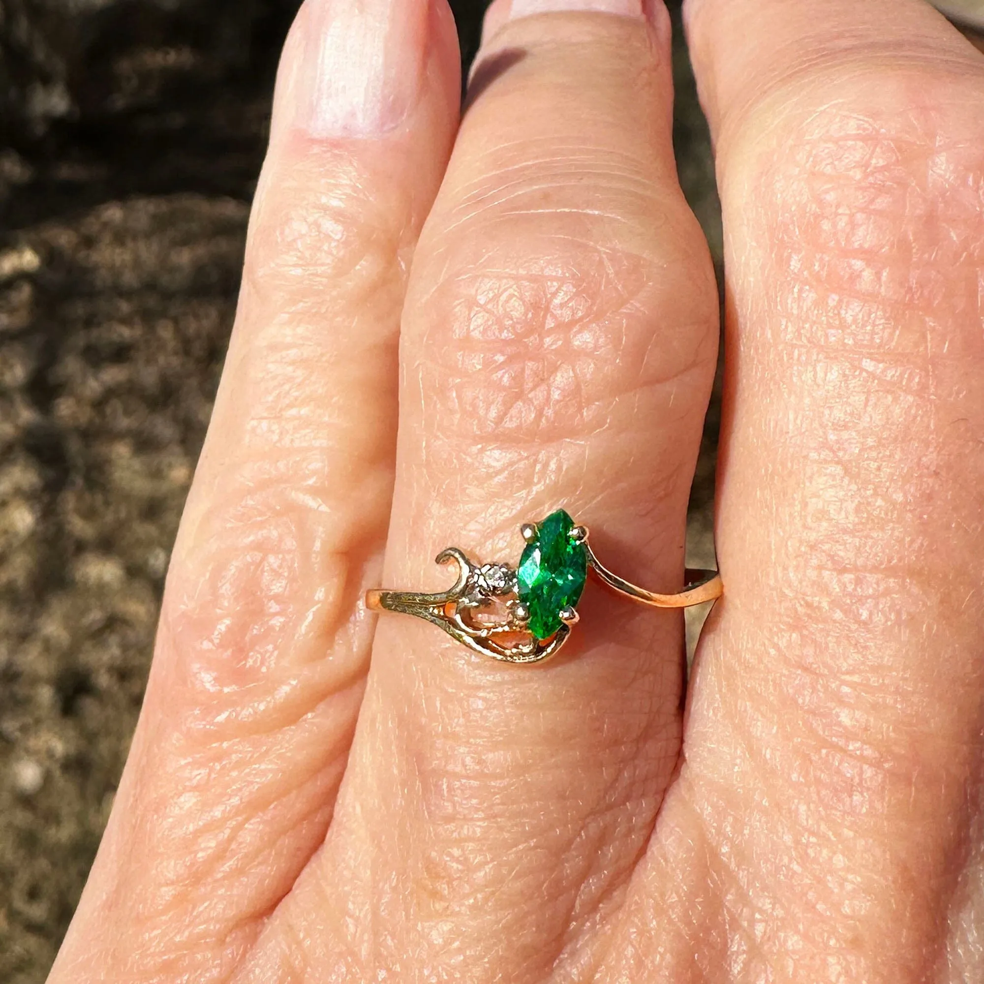 Vintage 10K Gold Bypass Diamond Marquise Emerald Ring