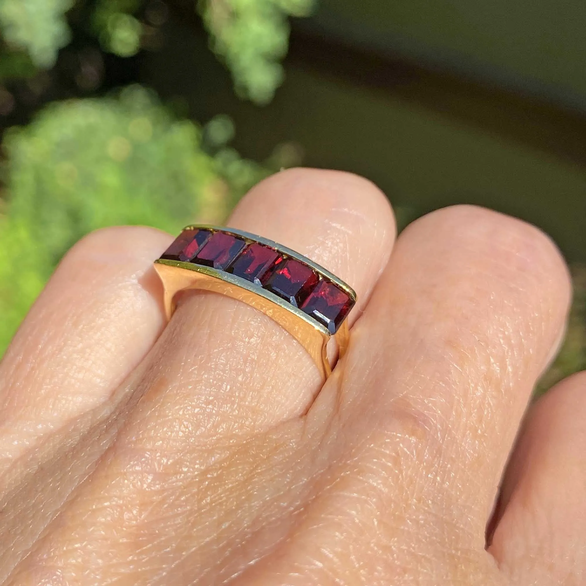 Vintage 18K Gold Emerald Cut Garnet Ring, Euro Shank