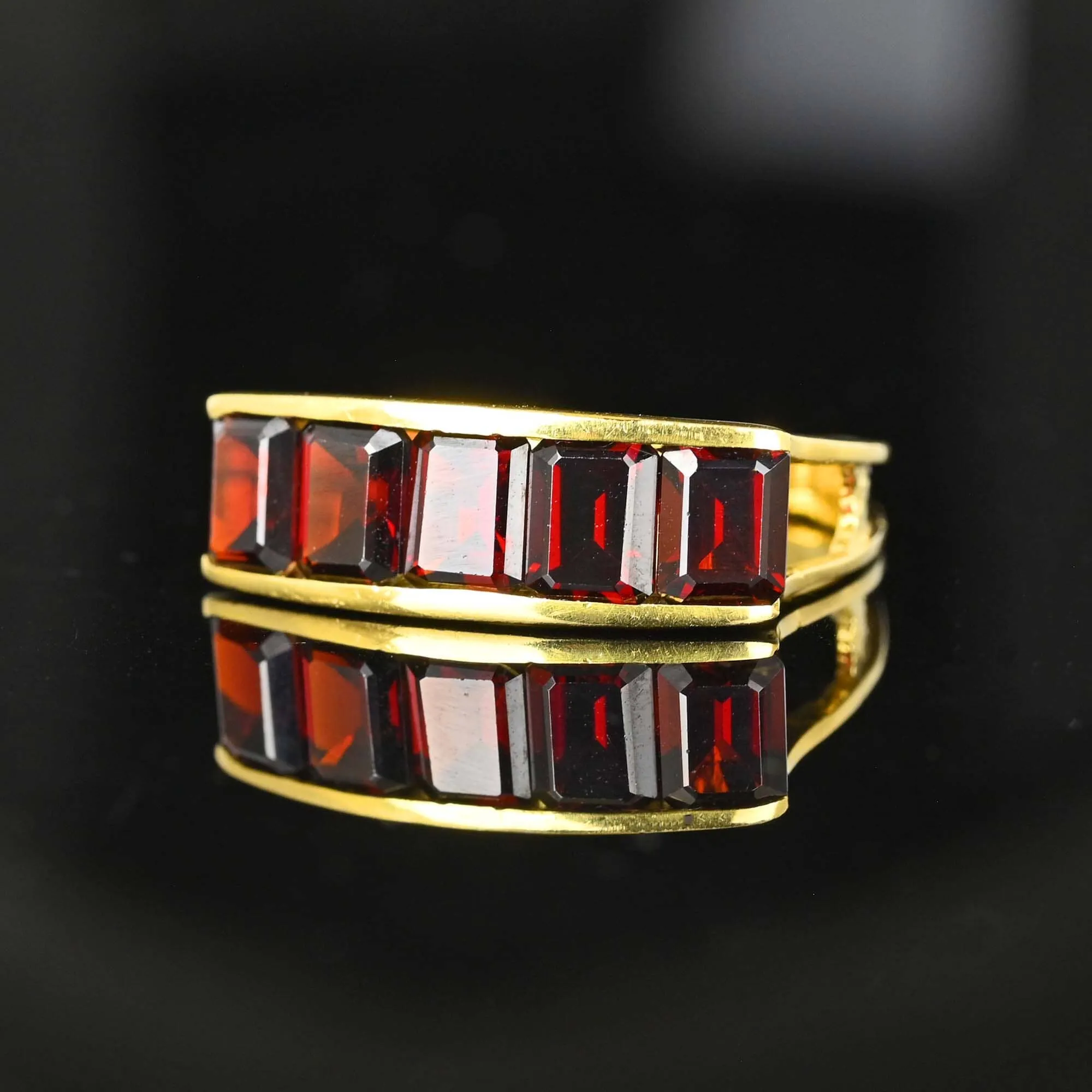 Vintage 18K Gold Emerald Cut Garnet Ring, Euro Shank