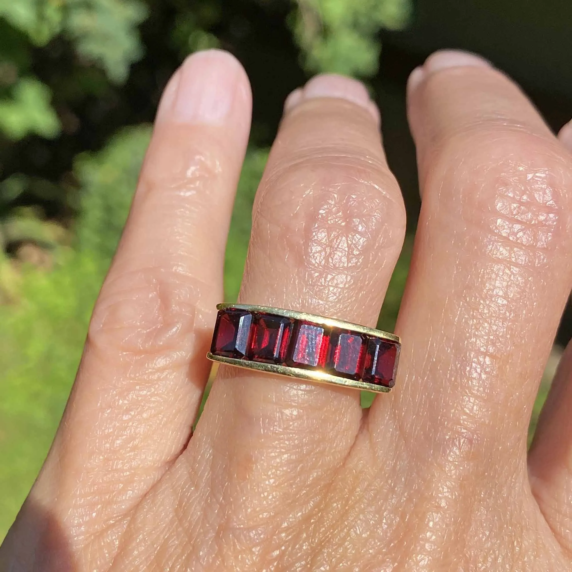 Vintage 18K Gold Emerald Cut Garnet Ring, Euro Shank