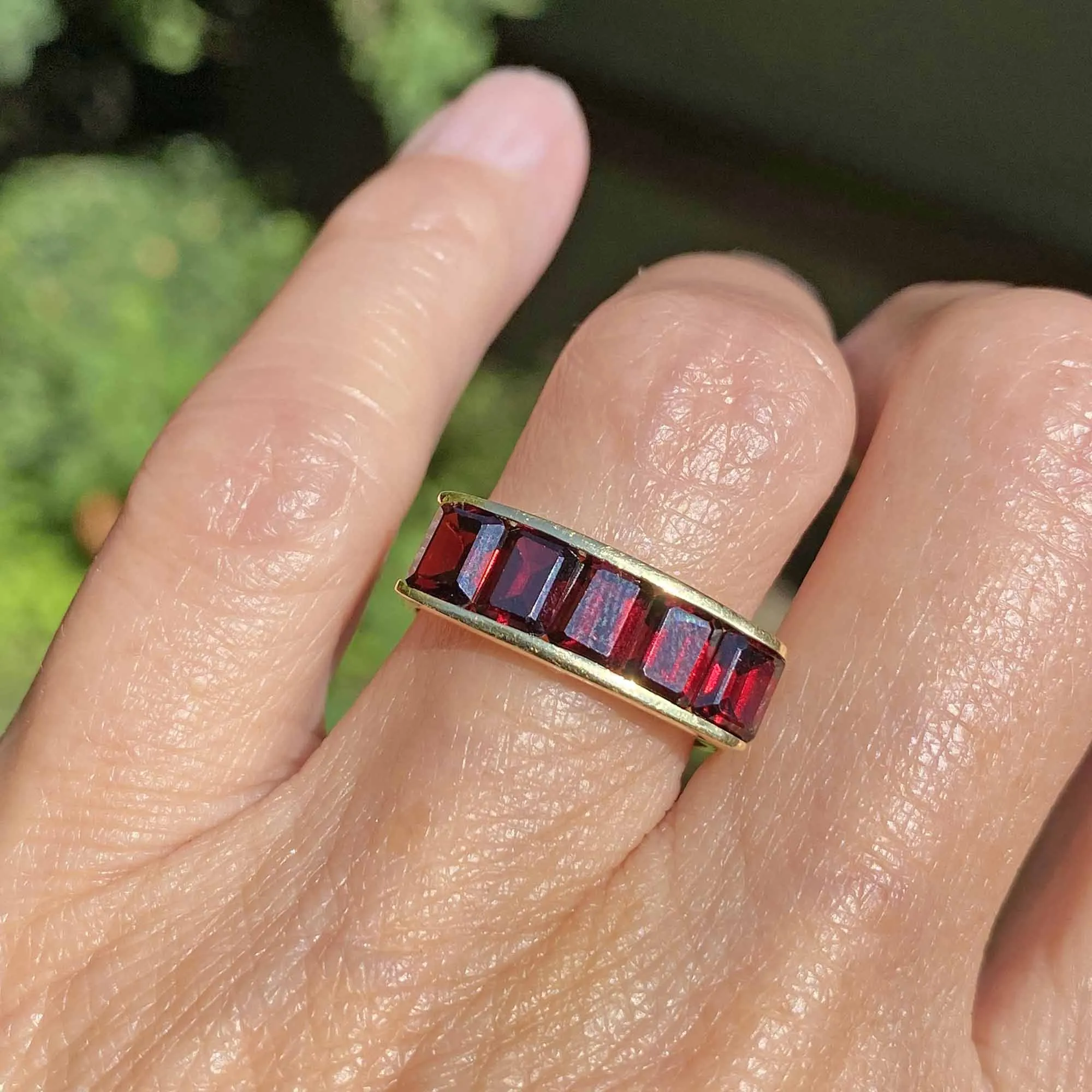 Vintage 18K Gold Emerald Cut Garnet Ring, Euro Shank