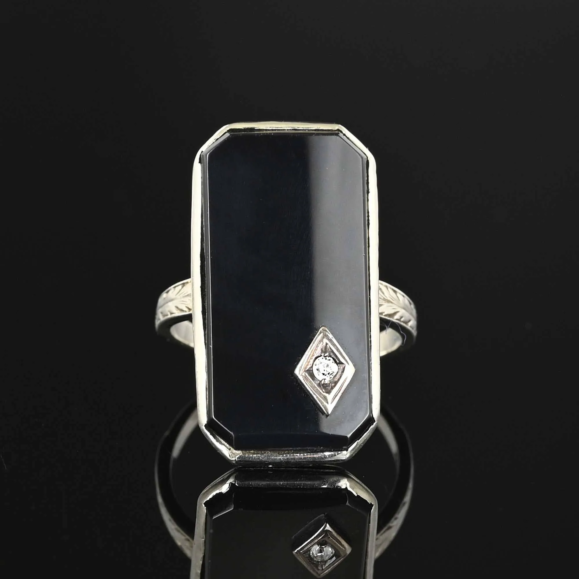 Vintage Diamond Onyx Ring 14K White Gold