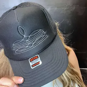 White on Black Boot Stitch Trucker Hat