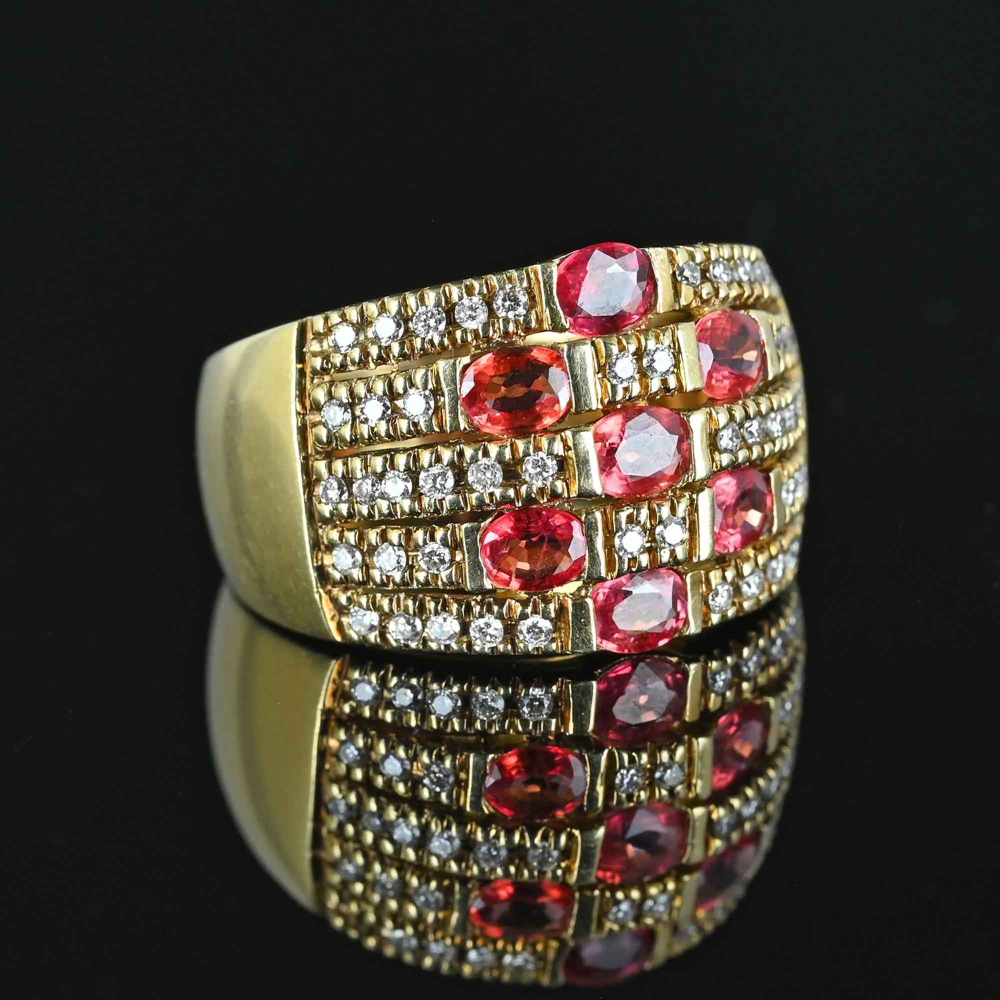 Wide Diamond Padparadscha Sapphire Ring in 14K Gold