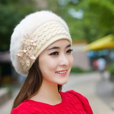 Wool Fur Lilies Flower Casual Warm Knitted Winter Beanie