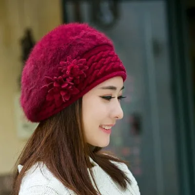 Wool Fur Lilies Flower Casual Warm Knitted Winter Beanie